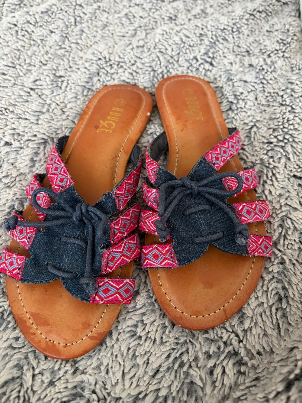 Rouge Helium Pink Patterned Denim Slide Sandals